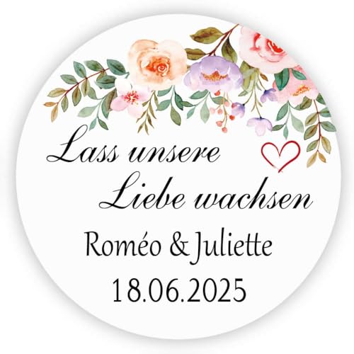 MameArt 50stk 4cm Personalisiert Hochzeit Aufkleber, Lass unsere Liebe wachsen mit Namen Datum, Sticker für Hochzeit Taufe Geburtstag Feste Geschenke Präsente (Herz B), 3DE0801A von MameArt