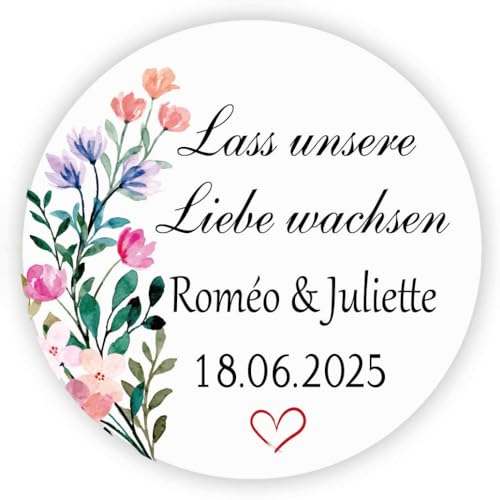 MameArt 50stk 4cm Personalisiert Hochzeit Aufkleber, Lass unsere Liebe wachsen mit Namen Datum, Sticker für Hochzeit Taufe Geburtstag Feste Geschenke Präsente (Herz D), 3DE0801A von MameArt