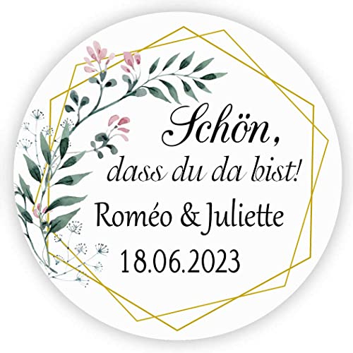 MameArt 50stk 4cm Personalisiert Hochzeit Aufkleber, Schön DASS du da bist mit Namen Sticker für Gastgeschenk Taufe Kommunion Geburtstag Feste Geschenke Präsente (Kranz C), 3DE0209A von MameArt