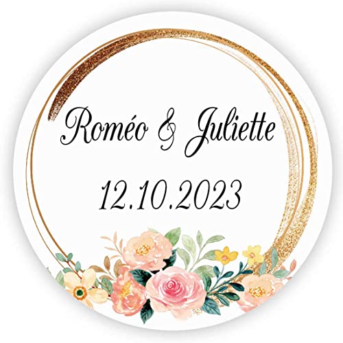 MameArt 50stk 4cm Personalisiert Hochzeit Aufkleber, mit Namen und Datum Sticker für Hochzeit Gastgeschenk Taufe Kommunion Geburtstag Feste Geschenke Präsente (Kranz K), 3AL0101A von MameArt