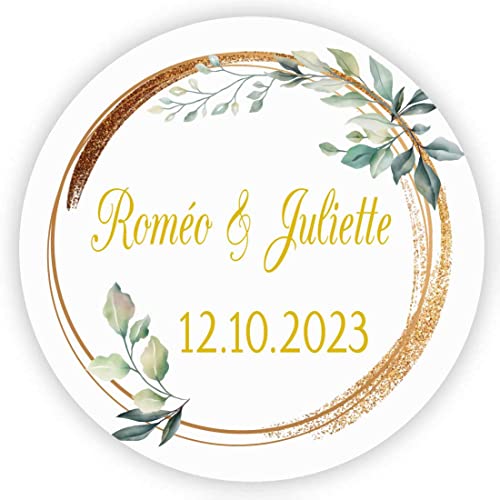 MameArt 50stk 4cm Personalisiert Hochzeit Aufkleber, mit Namen und Datum Sticker für Hochzeit Gastgeschenk Taufe Kommunion Geburtstag Feste Geschenke Präsente (Kranz M) von MameArt