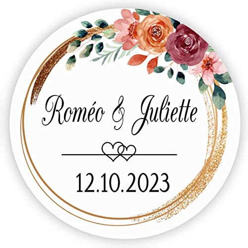 MameArt 50stk 4cm Personalisiert Hochzeit Aufkleber, mit Namen und Datum Sticker für Hochzeit Gastgeschenk Taufe Kommunion Geburtstag Feste Geschenke Präsente (Kranz N) von MameArt