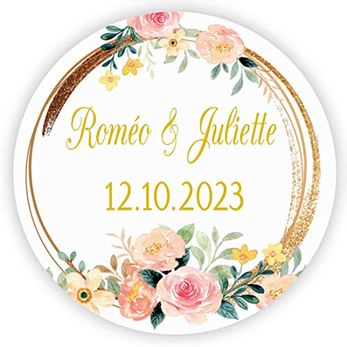 MameArt 50stk 4cm Personalisiert Hochzeit Aufkleber, mit Namen und Datum Sticker für Hochzeit Gastgeschenk Taufe Kommunion Geburtstag Feste Geschenke Präsente (Kranz O) von MameArt