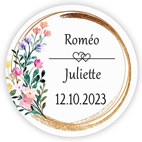 MameArt 50stk 4cm Personalisiert Hochzeit Aufkleber, mit Namen und Datum Sticker für Hochzeit Gastgeschenk Taufe Kommunion Geburtstag Feste Geschenke Präsente (Kranz P) von MameArt