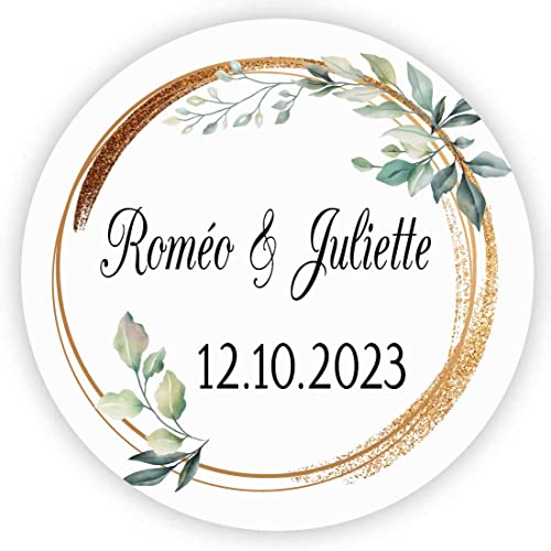 MameArt 50stk 4cm Personalisiert Hochzeit Aufkleber, mit Namen und Datum Sticker für Hochzeit Gastgeschenk Taufe Kommunion Geburtstag Feste Geschenke Präsente (Kranz Q) von MameArt