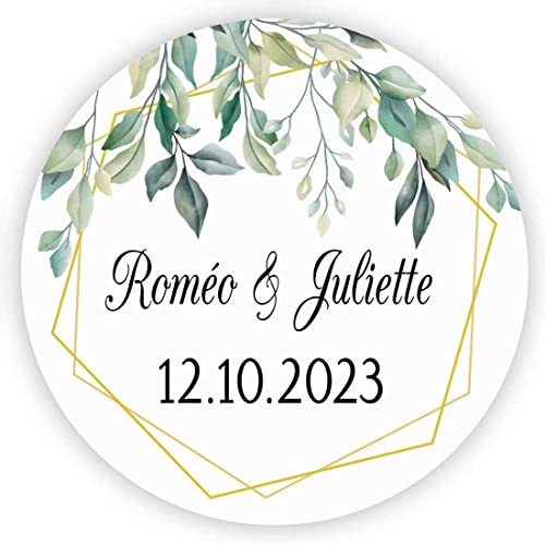 MameArt 50stk 4cm Personalisiert Hochzeit Aufkleber, mit Namen und Datum Sticker für Hochzeit Gastgeschenk Taufe Kommunion Geburtstag Feste Geschenke Präsente (Kranz R) von MameArt