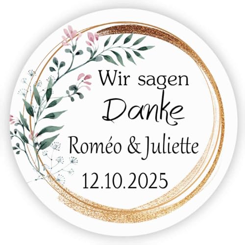 MameArt 50stk Aufkleber Hochzeit Personalisiert, Wir sagen Danke, 4cm Kranz Sticker für Hochzeit Taufe Feste Geschenke Präsente (DE04) von MameArt