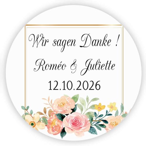 MameArt 50stk Aufkleber Hochzeit Personalisiert, Wir sagen Danke, 4cm Kranz Sticker für Hochzeit Taufe Feste Geschenke Präsente (DE06) von MameArt