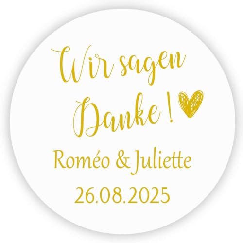 MameArt 50stk Aufkleber Personalisiert Hochzeit Wir sagen Danke, 4cm Sticker Gelee Stauaufkleber Taufe Kommunion Geburtstag Feste Geschenke Präsente (Gold 1) von MameArt