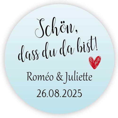 MameArt 50stk Aufkleber Personalisiert Schön DASS du da bist, 4cm Etikett für Hochzeit Gastgeschenk Taufe Kommunion Feste Geschenke Präsente (Blau) von MameArt