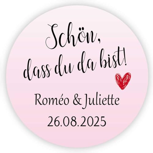 MameArt 50stk Aufkleber Personalisiert Schön DASS du da bist, 4cm Etikett für Hochzeit Gastgeschenk Taufe Kommunion Feste Geschenke Präsente (Rosa) von MameArt