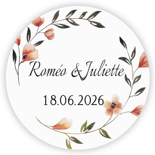 MameArt 50stk Individuelle Hochzeitsaufkleber Personalisiert, 4cm Kreative DIY Hochzeitseinladungen Sticker für Hochzeit Taufe Kommunion Geburtstag Feste Geschenke Präsente (Kranz 1) von MameArt