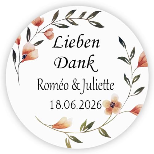 MameArt 50stk Personalisiert Elegante Hochzeitsdeko-Aufkleber Danke, 4cm Sticker für Hochzeit Taufe Kommunion Geburtstag Feste Geschenke Präsente (Kranz 1) von MameArt