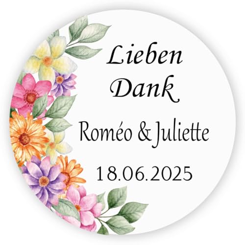 MameArt 50stk Personalisiert Elegante Hochzeitsdeko-Aufkleber Danke, 4cm Sticker für Hochzeit Taufe Kommunion Geburtstag Feste Geschenke Präsente (Kranz 3) von MameArt