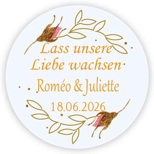 MameArt 50stk Personalisiert Hochzeitsdeko-Aufkleber Lass unsere Liebe wachsen, 4cm Elegante Sticker für Hochzeit Taufe Kommunion Geburtstag Feste Geschenke Präsente (Liebe 1) von MameArt