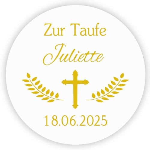 MameArt 50stk Zur Taufe Aufkleber Personalisiert, Kreuz und 4cm Stickers Taufe Kommunion Feste Einladung Geschenke Präsente (Gold) von MameArt