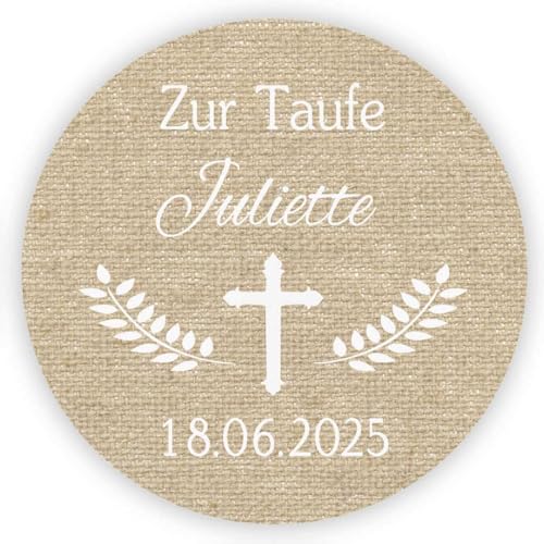 MameArt 50stk Zur Taufe Aufkleber Personalisiert, Kreuz und 4cm Stickers Taufe Kommunion Feste Einladung Geschenke Präsente (Leinen) von MameArt