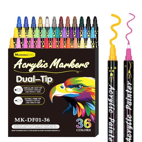 Mammakit's Acrylfarben-Marker, Doppelspitze mit feiner und gepunkteter Spitze, 36 Farben, Premium-Acrylfarben-Stifte für Holz, Leinwand, Stein, Steinmalerei, Glas, Keramikoberflächen, Bastelarbeiten, von Mammakit‘s