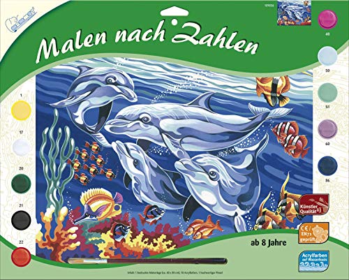 MAMMUT 109036 - Malen nach Zahlen Tiermotiv, Delfine, Komplettset mit bedruckter Malvorlage im A3 Format, 10 Acrylfarben und Pinsel, großes Malset für Kinder ab 8 Jahre von Mammut Spiel & Geschenk