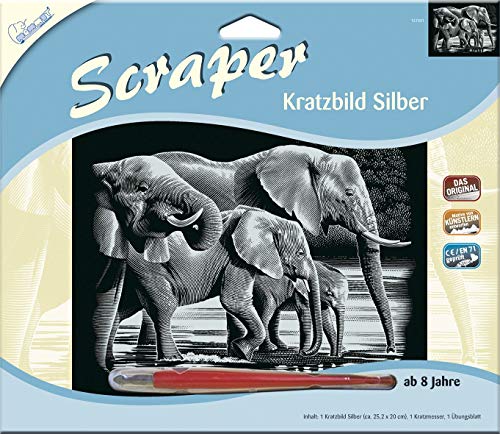 MAMMUT 137001 - Kratzbild, Motiv Elefanten, silber, glänzend, quer, Komplettset mit Kratzmesser und Übungsblatt, Scraper, Scratch, Kritzel, Kratzset für Kinder ab 8 Jahre von Mammut Spiel & Geschenk