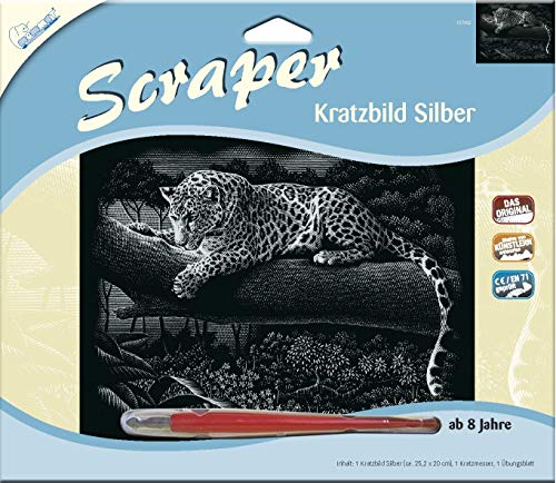 MAMMUT 137002 - Kratzbild, Motiv Leopard, silber, glänzend, quer, Komplettset mit Kratzmesser und Übungsblatt, Scraper, Scratch, Kritzel, Kratzset für Kinder ab 8 Jahre von Mammut Spiel & Geschenk