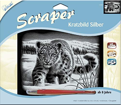 MAMMUT 137009 - Kratzbild, Motiv Schneeleopard, silber, glänzend, quer, Komplettset mit Kratzmesser und Übungsblatt, Scraper, Scratch, Kritzel, Kratzset für Kinder ab 8 Jahre von Mammut Spiel & Geschenk