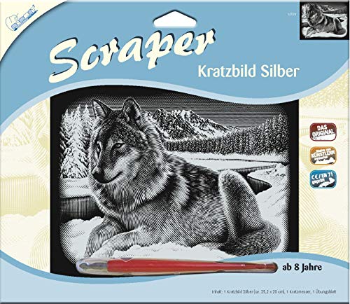 MAMMUT 137011 - Kratzbild, Motiv Wolf, silber, glänzend, quer, Komplettset mit Kratzmesser und Übungsblatt, Scraper, Scratch, Kritzel, Kratzset für Kinder ab 8 Jahre von Mammut Spiel & Geschenk