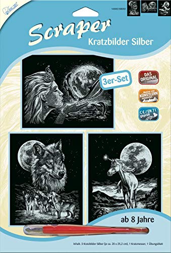 MAMMUT 140002 - Kratzbilder, Motive Mondschein, silber, glänzend, Komplettset mit 3 Kratzbildern&Kratzmesser&Übungsblatt, Scraper, Scratch, Kritzel, Kratzset für Kinder ab 8 Jahre von Mammut Spiel & Geschenk