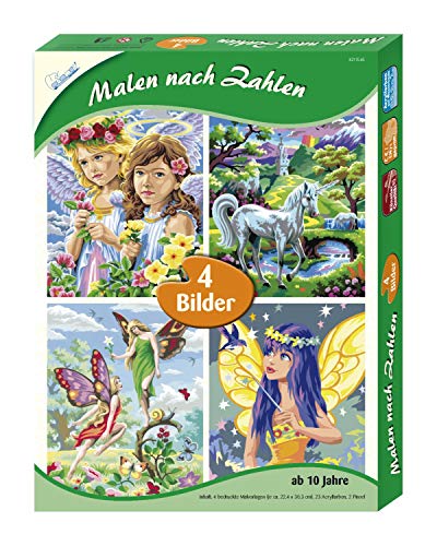 MAMMUT 8211545 - Malen nach Zahlen, Fantasiewelt, 4er-Set, Komplettset mit 4 bedruckten Malvorlagen im A4 Format, 32 Acrylfarben, 2 Pinsel und Anleitung, Malset für Kinder ab 10 Jahre von Mammut Spiel & Geschenk