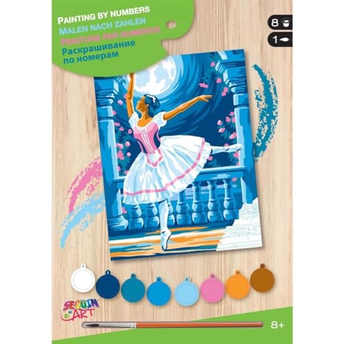 MAMMUT 8222004 - Malen nach Zahlen Junior Motiv Ballerina, Komplettset mit bedruckter Malvorlage im A4 Format, Einsteiger Set mit 8 Acrylfarben, Pinsel und Anleitung, Malset für Kinder ab 8 Jahre von Sequin Art