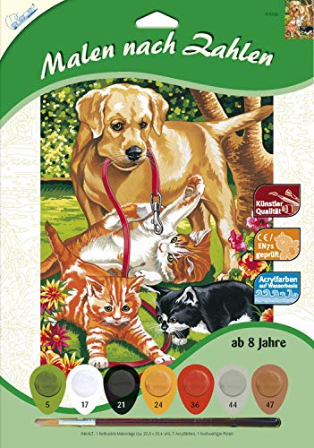 Mammut Spiel & Geschenk 105026 Malen nach Zahlen Tiermotiv, 3 Katzen und Hund, Komplettset mit bedruckter Malvorlage im A4 Format, 7 Acrylfarben und Pinsel, Malset für Kinder ab 8 Jahre, Mehrfarbig von Mammut Spiel & Geschenk