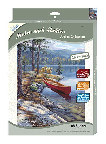 MAMMUT 107004 - Malen nach Zahlen Artists, Landschaftsmotiv, Boot am See, Komplettset mit bedruckter Malvorlage im A4 Format, 20 Acrylfarben und Pinsel, Malset für Kinder ab 10 Jahre von Mammut Spiel & Geschenk