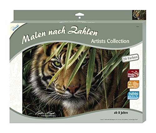 Mammut Spiel & Geschenk 108007 - Malen nach Zahlen Artists, Tiermotiv Tiger, Komplettset mit bedruckter Malvorlage im A3 Format, 20 Acrylfarben und Pinsel, großes Malset für Kinder ab 10 Jahre von Mammut Spiel & Geschenk