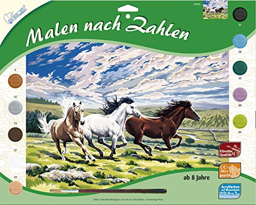 Mammut Spiel & Geschenk 109026 Malen nach Zahlen Tiermotiv, Pferde im Galopp, Komplettset mit bedruckter Malvorlage im A3 Format, 10 Acrylfarben und Pinsel, großes Malset für Kinder ab 8 Jahre von Mammut Spiel & Geschenk