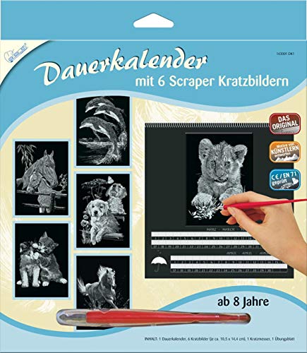 Mammut Spiel & Geschenk 143001 Kratzbilder & Dauerkalender, Motiv Tiere 1, Silber, Komplettset mit 6 Kratzbildern & 1 Dauerkalender & 1 Kratzmesser & 1Übungsblatt, Kratzset für Kinder ab 8 Jahre, Mittel von Mammut Spiel & Geschenk