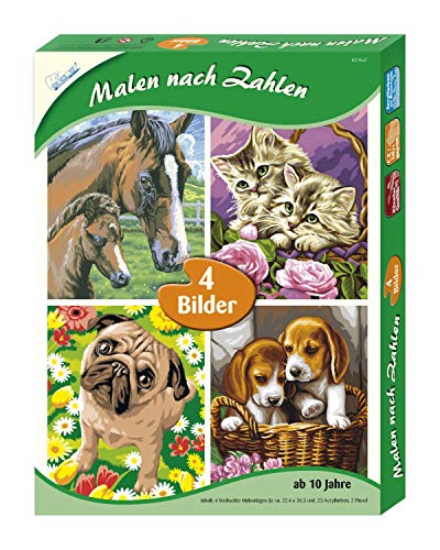 Mammut Spiel & Geschenk 8211547 Malen nach Zahlen, Gute Freunde, 4er-Set, Komplettset mit 4 bedruckten Malvorlagen im A4 Format, 32 Acrylfarben, 2 Pinsel und Anleitung, Malset für Kinder ab 10 Jahre von Mammut Spiel & Geschenk