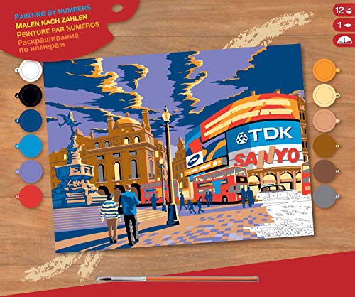 Mammut Spiel & Geschenk 8241519 - Malen nach Zahlen Senior, London Piccadilly, Komplettset mit bedruckter Malvorlage im A3 Format, 12 Acrylfarben, Pinsel und Anleitung, großes Malset ab 10 Jahre von Mammut Spiel & Geschenk