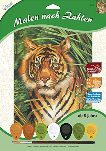 Mammut Spiel & Geschenk 105020 Malen nach Zahlen Tiermotiv, Tiger, Komplettset mit bedruckter Malvorlage im A4 Format, 7 Acrylfarben und Pinsel, Malset für Kinder ab 8 Jahre, 22,8 x 30,4 cm von Mammut Spiel & Geschenk