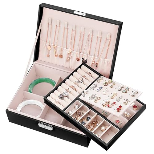 Mamowla Schmuckschatulle für Damen,Schmuckkästchen mit Schlüssel 2 lagige Schmuckaufbewahrungs Box für Halsketten, Ohrringe, Armbänder, Ringe, Schmucktasche PU-Leder für Mädchen und Frauen, Schwarz von Mamowla