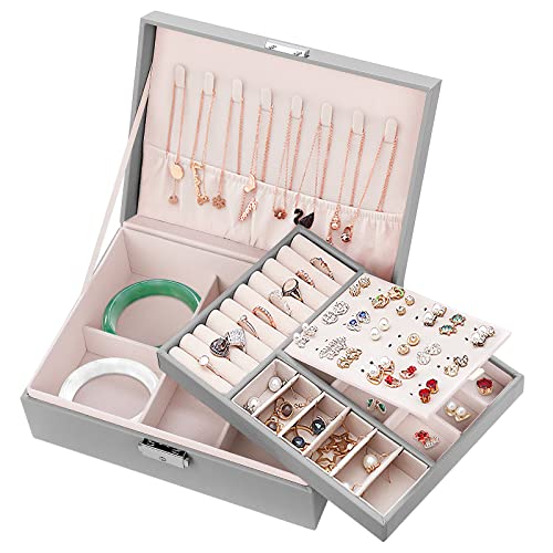 Mamowla Schmuckschatulle für Damen,Schmuckkästchen mit Schlüssel 2 lagige Schmuckaufbewahrungs Box für Halsketten, Ohrringe, Armbänder, Ringe, Schmucktasche aus PU-Leder für Mädchen und Frauen, Grau von Mamowla