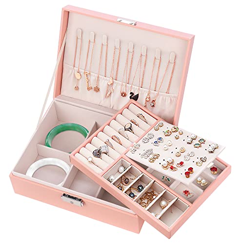 Mamowla Schmuckschatulle für Damen,Schmuckkästchen mit Schlüssel 2 lagige Schmuckaufbewahrungs Box für Halsketten,Ohrringe,Armbänder,Ringe,Schmucktasche aus PU-Leder für Mädchen und Frauen,Rosa von Mamowla