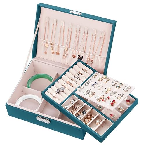 Mamowla Schmuckschatulle für Damen,Schmuckkästchen mit Schlüssel 2 lagige Schmuckaufbewahrungs Box für Halsketten, Ohrringe, Armbänder, Ringe, Schmucktasche aus PU-Leder für Mädchen und Frauen, Grün von Mamowla