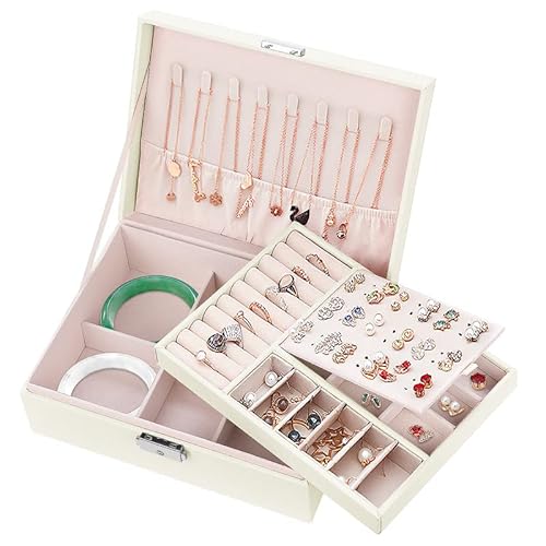 Mamowla Schmuckschatulle für Damen,Schmuckkästchen mit Schlüssel 2 lagige Schmuckaufbewahrungs Box für Halsketten, Ohrringe, Armbänder, Ringe, Schmucktasche aus PU-Leder für Mädchen und Frauen, Weiß von Mamowla