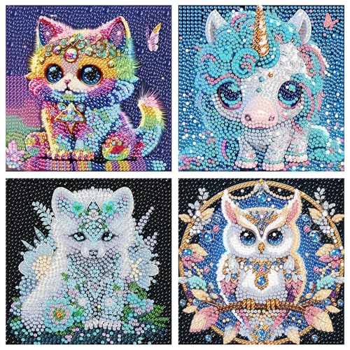 4er Set Tier Diamond Painting Kinder Tier Diamant Painting Bilder Kinder DIY Mosaikherstellung Arts Craft für Home Wand Decor Geschenk Mit Cartoon-Box 15x15cm von Mandun Art