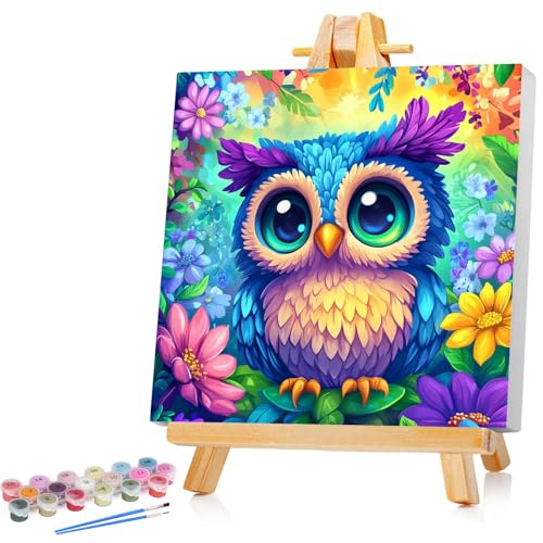 Eule Malen Nach Zahlen Kinder Mit Rahmen Owl Paint by Numbers für Kind Cute Tier Ölgemälde Kinder ab 5 6 7 8 9 Jahre für Haus Dekoration 20x20cm (Mit Holzrahmen) von Mandun Art