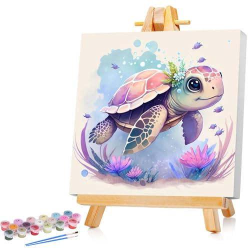 Meeresschildkröte Malen Nach Zahlen Kinder Mit Rahmen Seeschildkröte Paint by Numbers für Kind Cute Tier Ölgemälde Kinder ab 5 6 7 8 9 Jahre für Haus Dekoration 20x20cm (Mit Holzrahmen) von Mandun Art