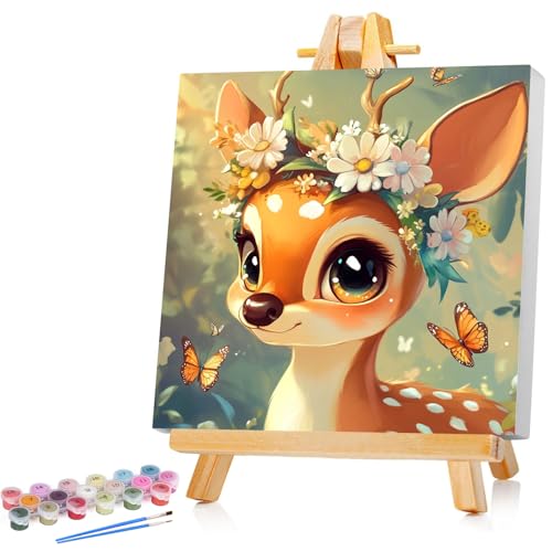 Reh Malen Nach Zahlen Kinder Mit Rahmen Deer Paint by Numbers für Kind Cute Tier Ölgemälde Kinder ab 5 6 7 8 9 Jahre für Haus Dekoration 20x20cm (Mit Holzrahmen) von Mandun Art