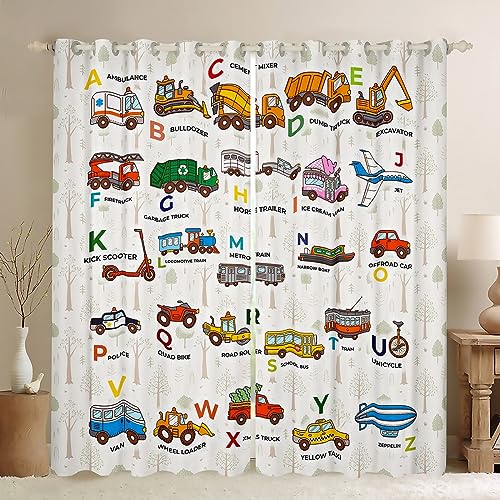 Kinder Cartoon Auto Fenster Vorhang Kind Fahrzeug Alphabet Druck Vorhänge Bagger Traktor LKW Fenster Vorhang Natur Dschungel Baum Fenster Vorhänge Jungen Mädchen Zimmer Dekor,2 Platten,M Größe von Manfei