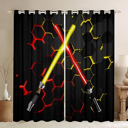 Lichtschwert Fenster Vorhang Kinder Geometrische Waben Hexagon Vorhänge Jungen Erwachsener Zimmer Dekor Neon Bunte Rot Gelb Fenster Behandlung Vorhang 3D Schwarz Fenster Vorhänge,Top 2 Panel,XL von Manfei