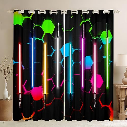 Manfei Neon Bunte Lichtschwert Fenster Vorhang,Kinder 3D Geometrische Waben Hexagon Fenster Vorhang,Jungen Erwachsene Mode Spiele Vorhänge Schwarz Cool Room Decor Fenster Vorhänge,2 Panels,XL Größe von Manfei